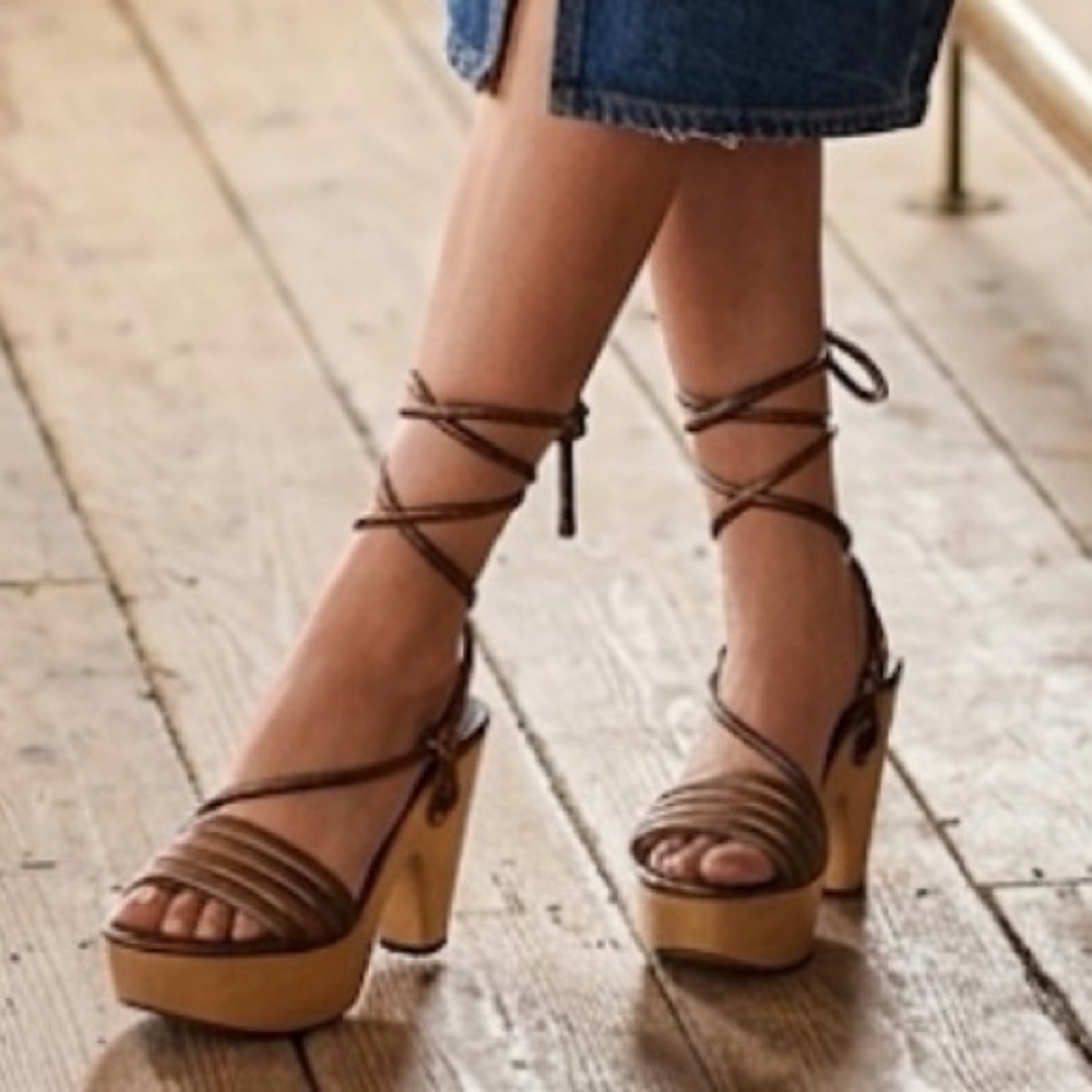 Coach Bronze Brown Leather Strappy Wooden Heel Sandals Modern Minimalist